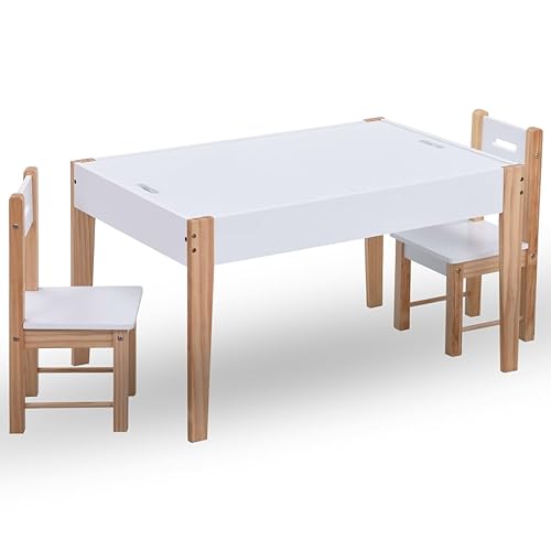 Runheo Juego de 3 sillas infantiles con pizarra, tablero de fibra de densidad media y madera de pino, mesa con compartimento de almacenamiento, 2 sillas para habitación infantil, muebles de bebé