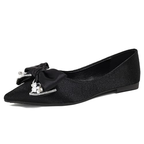 Women's Satin Bow-Knot Ballet Flats Fashion Pointed Toe Rhinestone Comfortable Slip On Soft Dress Shoes Work Party Wedding Flat Shoes