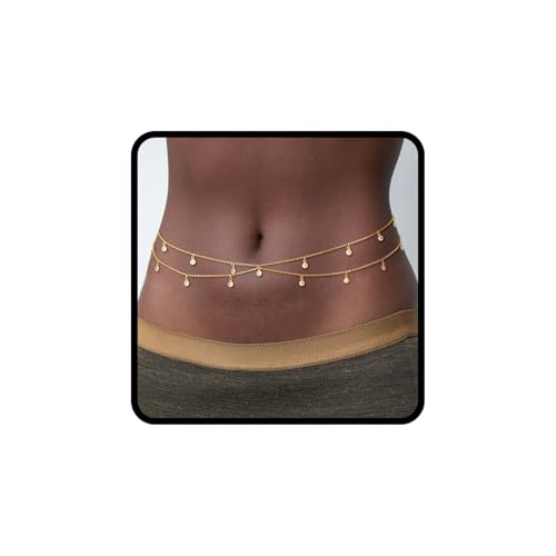 KNUIUYY 18K doré Chaîne de ventre femme, Body Chain, couches chaîne taille & corps pailletée, réglable étanche anti-ternissement, belly chain bikini bijoux corps été