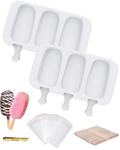 Ouddy Life Popsicle Molds Set of 2, Ice Pop Molds Silicone 4 Cavities Ice Cream Mold Oval Cake Pop Mold with 50 Wooden Sticks for DIY Popsicle, White