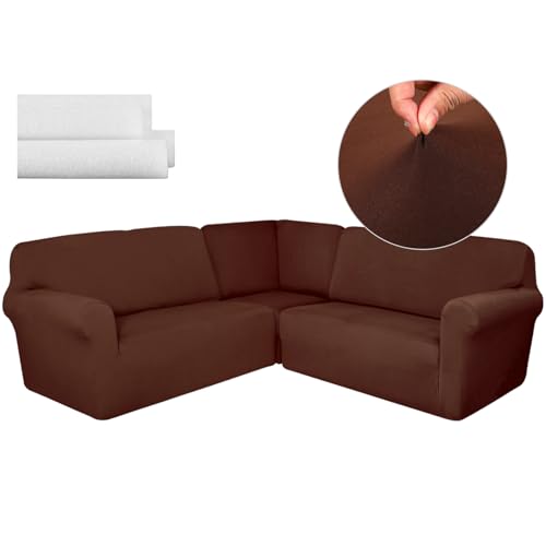 Breling 3 Pcs L Shaped Couch Covers for Sectional Corner Sofa Stretch 5 Seat Washable Corner Sofa Slipcover Sectional Couch Protector for Living Room(Brown,Milk Silk) by Breling - Used condition - US$42.64