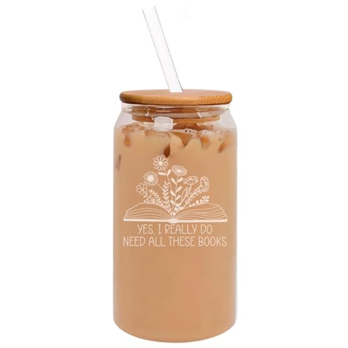 MIP 16oz Can Shaped Glass Iced Coffee Cup with Bamboo Lid and Straw Gift Floral Yes I Really Do Need All These Books Reader Book Lover