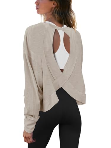 Panadila Womens Open Back Workout Top Long Sleeve Athletic Shirts Casual Crop Running Tee Y2k Yoga(Khaki,M)