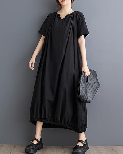 Image of ellazhu Women's Dress Short Sleeve V Neck Below Knee Solid Color Oversize Loose Casual Summer GZ236
