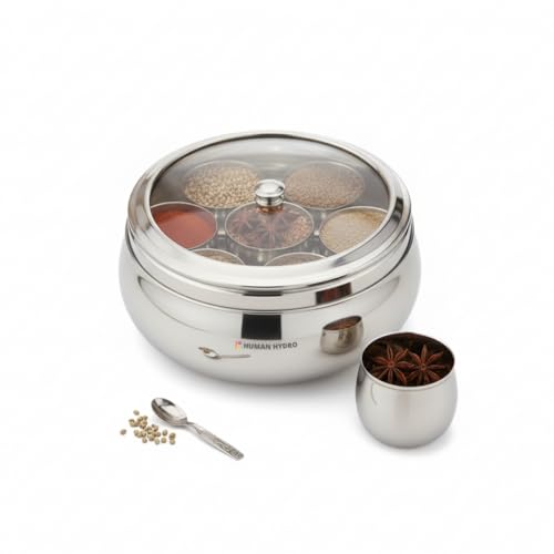 Image of Human Hydro Premium Belly Shape Masala Dabba (18 cm, 7-in-1) | Stainless Steel Spice Box with See-Through Lid, 7 Containers & 1 Spoon | Compact Airtight Masala Box