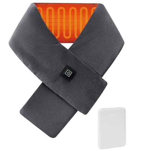 Heated Scarf with Power Bank, Electric Neck Heating Pad for Pain Relief, Portable Cordless Thermal Wrap with 3 Heat Levels, Soft Velvet Electric Neck Warmer for Men & Women Outdoor Winter Use-Grey