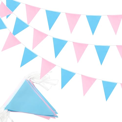 Blue Pink Bunting 20m 52pcs Fabric Waterproof Bunting for Garden Outdoor Baby Shower Gender Reveal Decoration