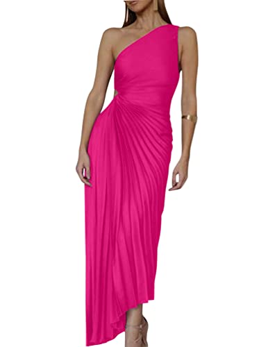 Minetom Robe de Soirée Femme Elegante Une Épaule sans Manches Plissée Party Cérémonie Mariage Demoiselle d'honneur Maxi Robe Longue Rose Vif M