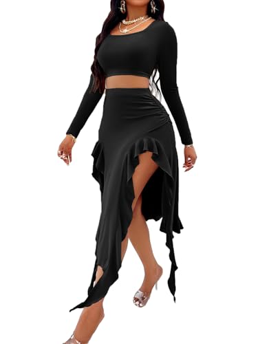Image of BARASA Women Summer 2 Piece Skirt Sets Comfy Ruffle Trim Irregular Split Sexy Y2k Club Party Tops Jellyfish Skirt Suits S69