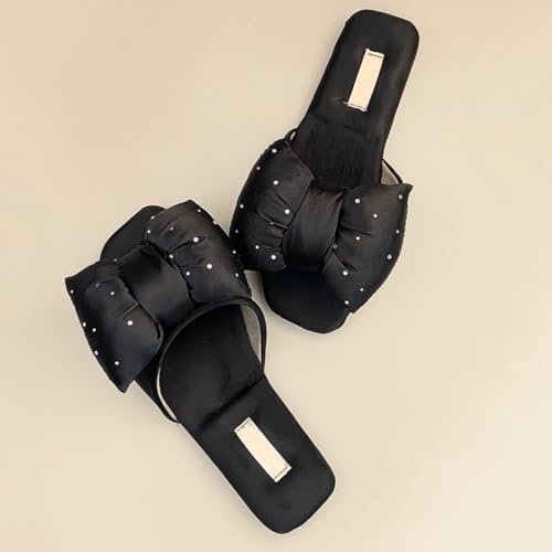 Women's Rhinestones Bow-Knot Satin Flat Slippers Open-Toe Pure Color Bridal Flips Flops Hand Sewn Slides Shower Wedding House Shoes4