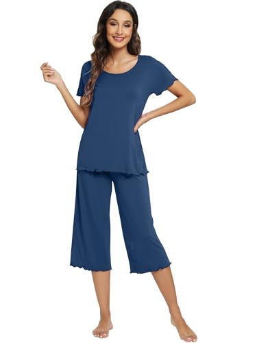WiWi Cooling Pajamas for Women Soft Bamboo Viscose Lounge Sets Short Sleeve Top Capri Pants Pjs Sleepwear S-4X, Dark Blue, X-Large