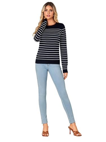 Image of Vrtige Women's Casual Striped Crewneck Long Sleeve Lightweight Ribbed Knit Pullover Sweater Top