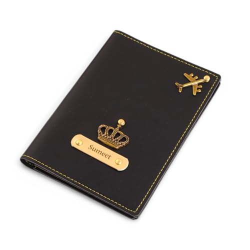Image of Personalized Mr and Mrs Couple Passport Cover Set, Brown Leather, Travel Accessories with Airplane Design and Crown Embellishments