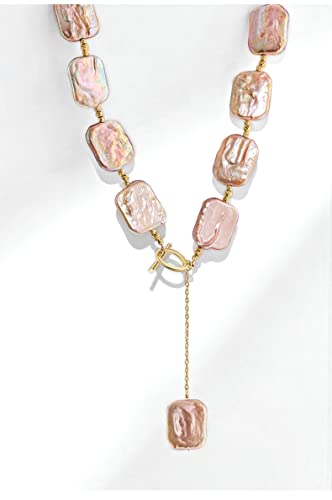 Irregular Baroque Pearl Lariat Necklace For Women, 18K Gold Plated Coin Shaped Beaded Real Freshwater Pearls Toggle Clasp Necklace For Women Teen Girls Jewelry Gifts (Lariat Necklace) #TOP4