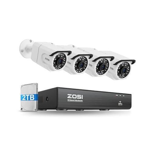 ZOSI 4K Ultra HD PoE Security Camera System, 4pcs 8MP Outdoor Indoor Surveillance CCTV Cameras, 100ft IR Night Vision, Person Face Vehicle Detection, 8 Ports 16CH 4K NVR & 2TB HDD for 24/7 R