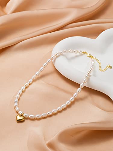Real Pearl Necklace For Women, 14K Gold Plated Heart Pendant Freshwater Cultured Pearl Strand Necklaces Women And Girls, Handmade Pearl Jewelry #TOP4