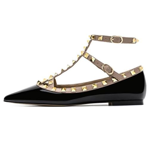 Lossarye Women's Closed Pointed Toe Ankle Strap Flats with Studs Fashion T-Strap Comfortable Casual Mary Jane Flats Work Dress Shoes