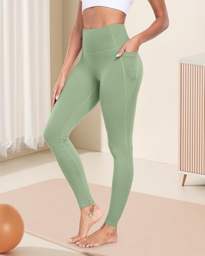 Leggings com bolsos para mulheres, calças de ioga para treino de cintura alta com controle de barriga, Verde claro, 3G