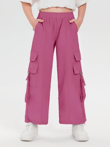 Image of Haloumoning Girls Parachute Pants Kids Wide Leg Cargo Pants Y2K Street Trousers with Pockets 5-14 Years