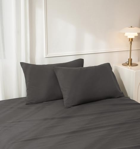 JIYUAN Standard Size Pillowcases, Set of 2-100% Washed Cotton with Envelope Closure, Linen-Like Textured, Soft, Breathable & Durable for All Seasons,Solid Dark Grey