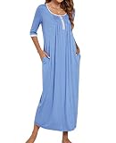 MINTLIMIT Damen Nachthemd Nachtwäsche 3/4 Ärmel Nachtkleid Sleepshirt Henley Knöpfen Rundhals mit Taschen,Dodgerblau,XXL