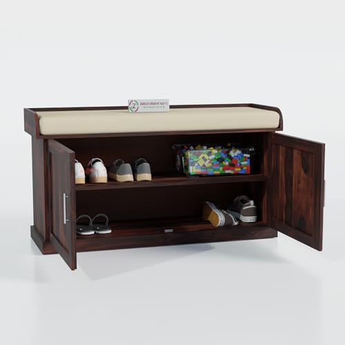 Image of Jangid Handicraft Solid Sheesham Wood Seating Bench for Balcony with Cushion | Outdoor Wooden Shoe Rack Organizer for Home & Office | 2 Shelf & Door Cabinet with Storage | Walnut Finish