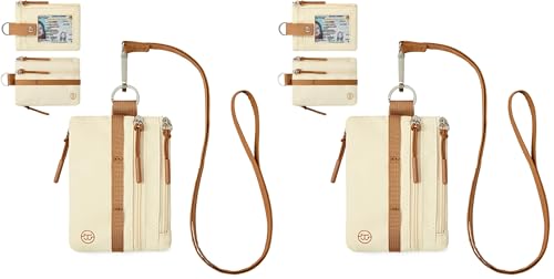 Image of BOSTANTEN Small Wallet RFID, Minimalist Zip ID Case Wallet with Lanyard Keychain, Water Resistant Card Wallets for women & Men, Beige and Brown (Pack of 2)