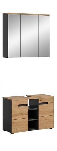 xonox.home Badezimmer Canu 2tlg. Kombination Badmöbel Set kleine Bäder Komplettprogramm Bademöbel-Set in Front + Absetzung Artisan Eiche Nb., Korpus Basalt grau Nb.