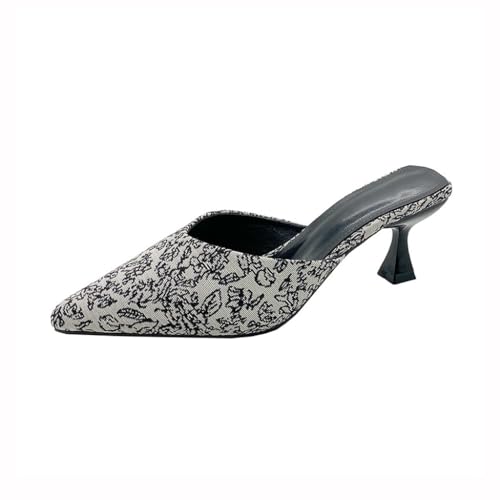 Pointed Sandals Women's Retro Floral Fabric Wrapped Toe Slippers Thin Heeled Shoes Worn on the Outside