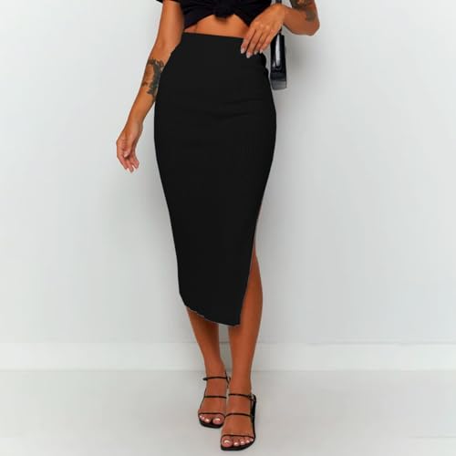 Saia lapis Midi Malha Canelada Tubinho Modeladora com Fenda (G (Tamanho 42), Preta - Malha Canelada)