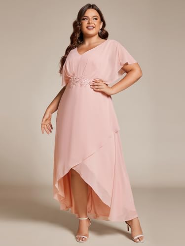 Image of Ever-Pretty Plus Ever-Pretty Women's Plus V Neck Applique Short Sleeves Tea Length Wedding Guest Dress Pink US20
