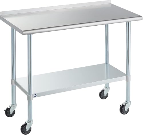 Image of Stainless Steel Table for Prep & Work with Caster & Backsplash 24x48 Inches, NSF Metal Commercial Kitchen Heavy Duty Table with Adjustable Under Shelf and Table Foot for Restaurant, Home and Hotel