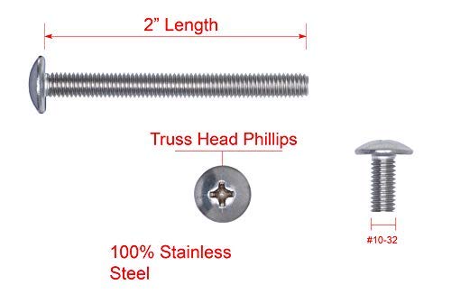 #10-32 X 2" Stainless Phillips Truss Head Machine Screw, (25 pc), Fine Thread, 18-8 (304) Stainless Steel, by Bolt Dropper