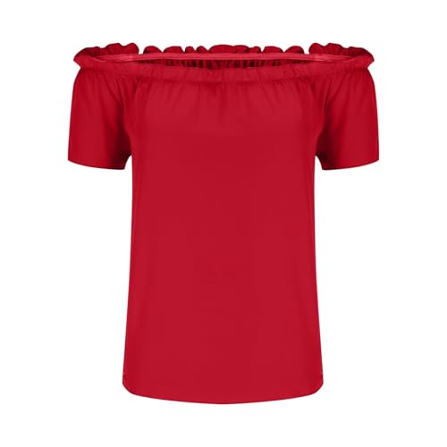 Blusa sexy sin tirantes para mujer, camiseta de manga corta con hombros descubiertos, camiseta ligera de verano, elegante, monocolor, camiseta plisada, blusa sin hombros, blusas para mujer, rojo, XXL
