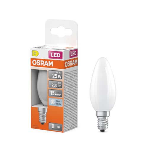 OSRAM Lampe LED forme étoile bougie B25 filament, 4000 K blanc froid, 1,8 W, E14, dépolie, 250 lm, 15 000 h, pour lieux de travail, lustres, non éblouissante