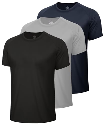BOOJO 3 Pack Gym T Shirts Men UK Quick Dry Fit Running Top Short Sleeve Breathable Sports Tshirts with Crew Neck for Training Active WearBlack+Navy+L-GreyL