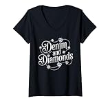 Womens Denim and Diamonds Party Theme Design V-Neck T-Shirt