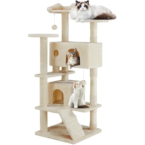 Cat Tree, 54-Inch Cat Tree Tower, Multi-Level Cat Tower with Scratching Post for Indoor Cats, Plush Cat Condo, Cat Play House with Climbing Ladder, Light Cream Cover