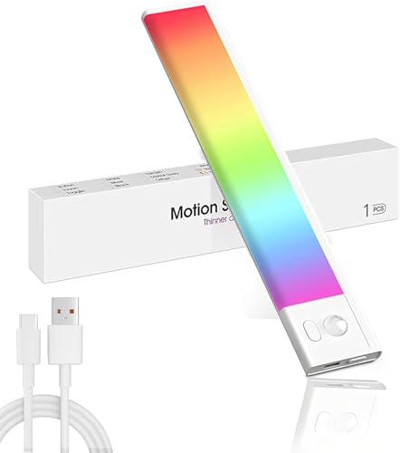 Under Cabinet Kitchen Lights LED Battery Operated, Super Bright Wireless Closet Light, RGB Dimmable Motion Sensor Indoor Rechargeable Strip Long Lasting-Easy Installation Strong for Stairs Wardrobe