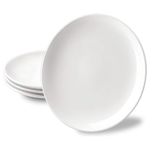 Delling 10 inch White Dinner Plates Set, Porcelain Dessert/Salad Plate, Serving Dishes, Dinnerware Sets, Scratch Resistant, Lead-Free, Microwave, Oven, and Dishwasher Safe - Set of 4