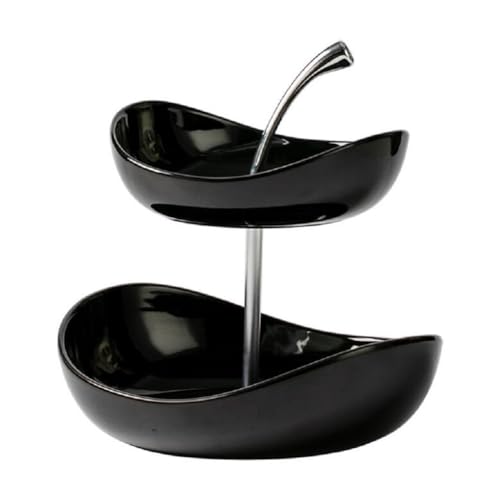 JUNYFFF Cestino per Frutta in Ceramica A 2 Livelli Piano Cucina, Portafrutta con Supporto in Metallo,Fruttiera in 2 Ripiani Vassoio da Portata per Cibo, Verdure, Torte E Dessert per Feste,Nero