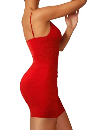 Image of LCNBA Women's Sexy Spaghetti Strap V-Neck Mesh Ruched Bodycon Mini Club Dresses
