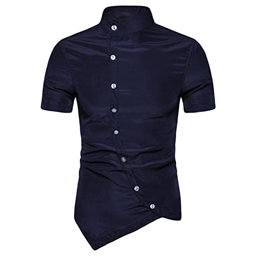 Maiyifu-GJ Men's Irregular Short Sleeve Dress Shirt Retro Banded Collar Button Up Shirts Slim Business Party Medieval Shirt (Dark Blue,XX-Large)