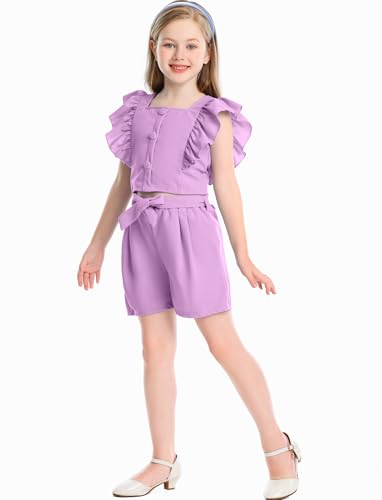 Image of Adorable 2PCS Ruffle Button-Down Sleeveless Top and High Waist Bow Knot Short Sets for Toddlers Kids