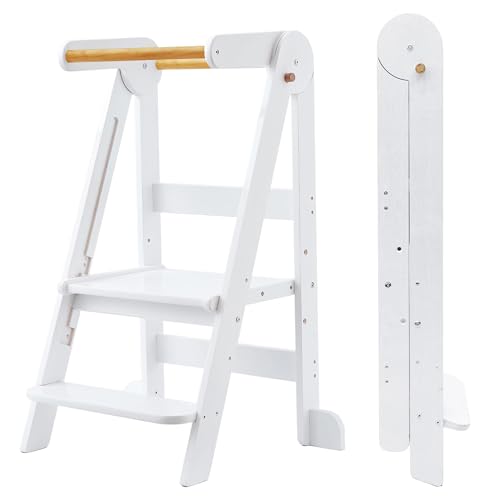 Image of Foldable Toddler Tower 95% Preassembled Kitchen Stool Helper Folding Step Stool for Kids Montessori Toddler Standing Tower with 3 Adjustable Height Helper Tower for Kitchen Counter Sink White