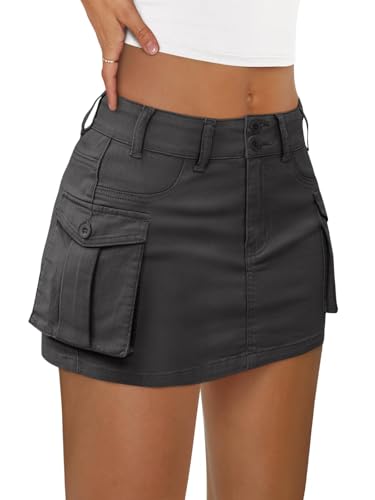 LILLUSORY Women Cargo Mini Skirt Denim Jean Dress with Pocket