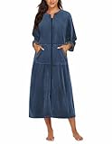 Ekouaer Women's Velour Zip Front Bathrobe Soft 3/4 Sleeves Warm Long Plush Robe Fluffy Housecoat Sleepwear Navy Blue L