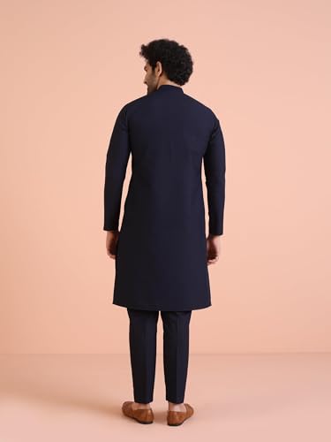 Kisah Men's Kurta, Navy Blue Blended, Embellished Regular Fit Mandarin Collar Long Sleeves (Xl)