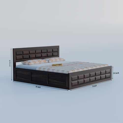 Image of Solid Sheesham Wood King Size Bed with Storage | Wooden Double Bed Cot for Bedroom & Home | Palang Double Bed with Designer Headboard | Walnut Finish, 81 x 74 Inch