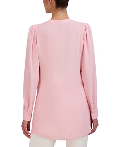 Bcbgmaxazria Women's Relaxed Faux Wrap Top Long Sleeve Button Cuff Scoop Neck Surplice Overlay High Low Asymmetrical Hem Shirt, Candy Pink #TOP24